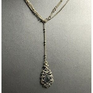 Vintage 1928 Necklace Victorian Revival Blue Pendant BrassTone Chain Y Jewelry